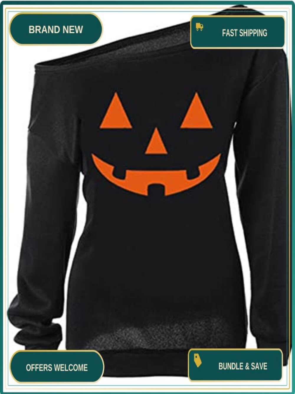 Women's Slouchy Off Shoulder Halloween Pumpkin Sweatshirt Casual Loose